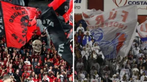 Imagem dividida em dois. No lado esquerdo está a torcida organizada do Athletico PR. Já no lado direito está a torcida do Paraná Clube. As duas se enfrentarão na LTO.